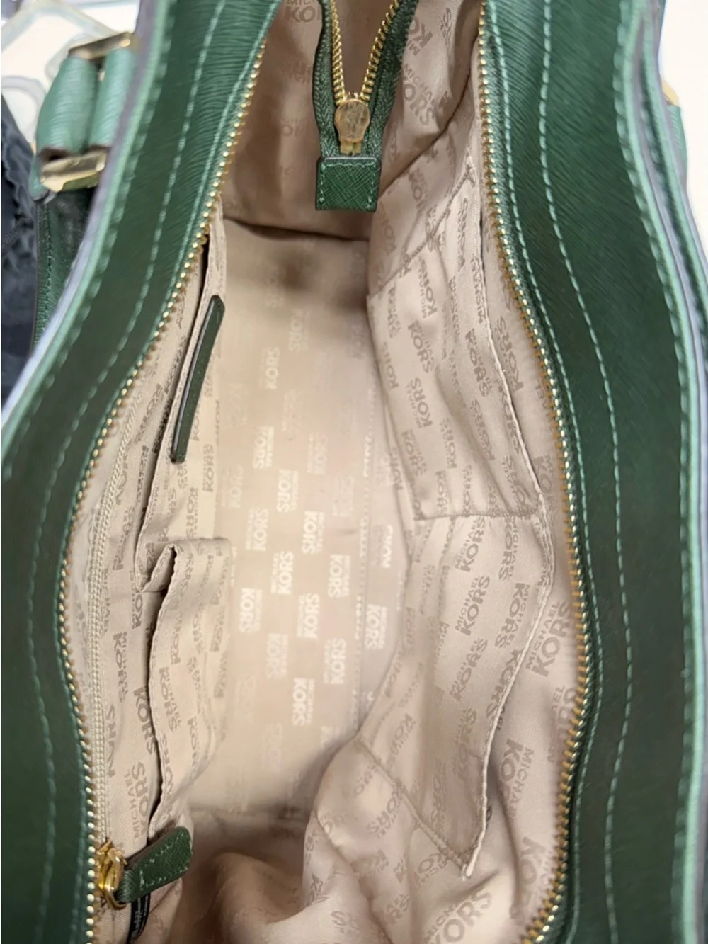Michael Kors Forest Green Saffiano Satchel with Gold Hardware EUC